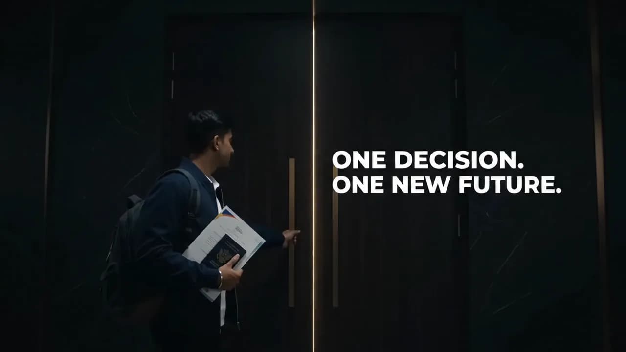 A student holding a passport at an opening door, at the start of a new future in Malaysia
