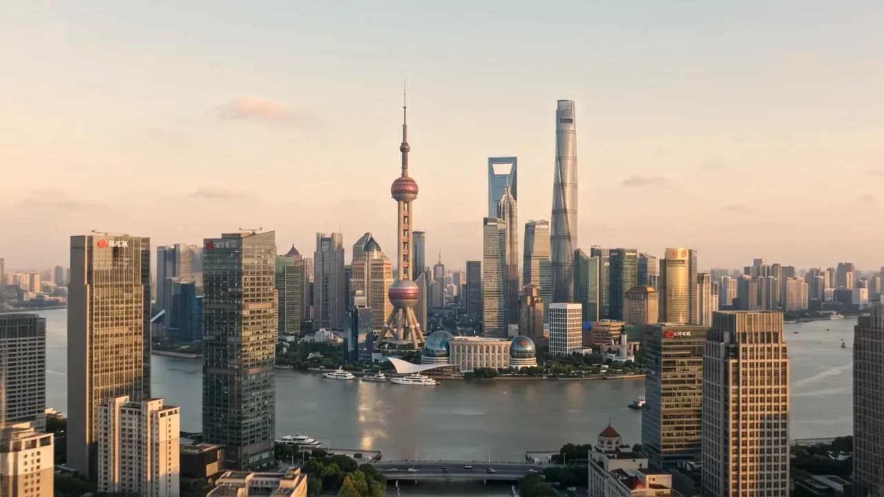 Shanghai skyline with the Oriental Pearl Tower across the Huangpu River, China