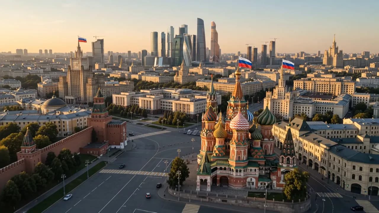 Aerial view of St Basil's Cathedral, the Kremlin walls and the Moscow skyline, Russia