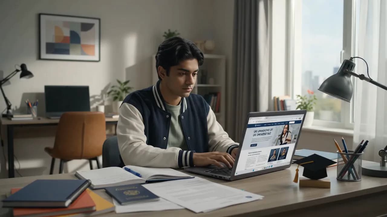 A student researching UK universities on a laptop at a desk