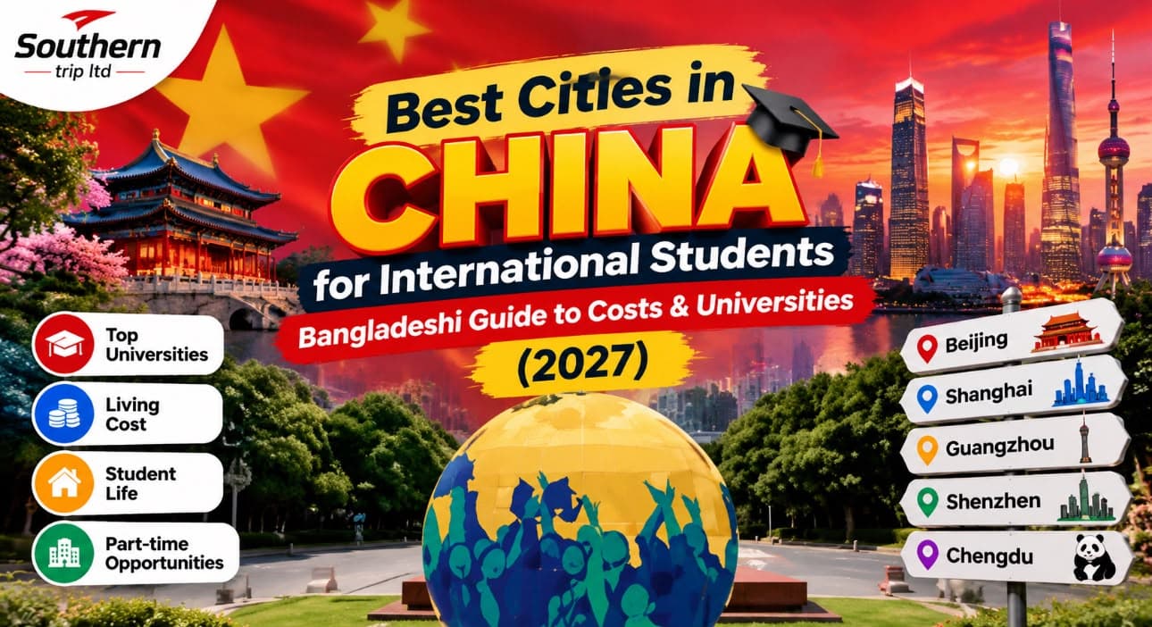 Bangladeshi international student with a city map overlooking a modern Chinese city skyline and university campus